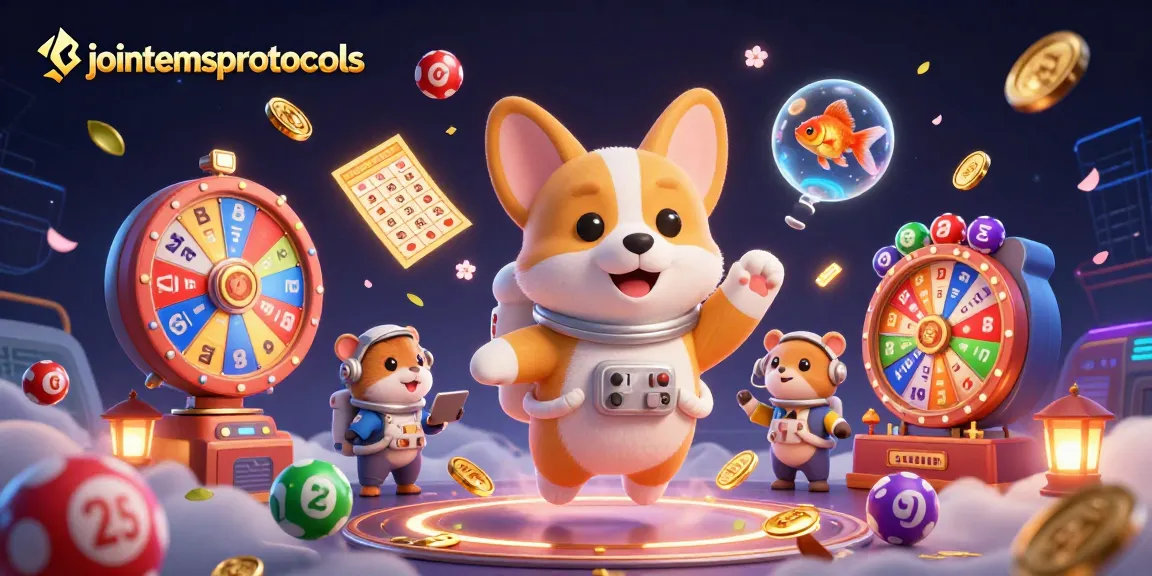 Menggunakan jointemsprotocols, corgi astronaut 3D bermain di kasino luar angkasa dengan lotere dan berbagai elemen permainan