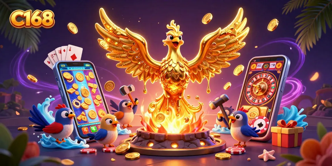 C168's molten phoenix emerges with golden coins in a packed, dynamic casino scene.