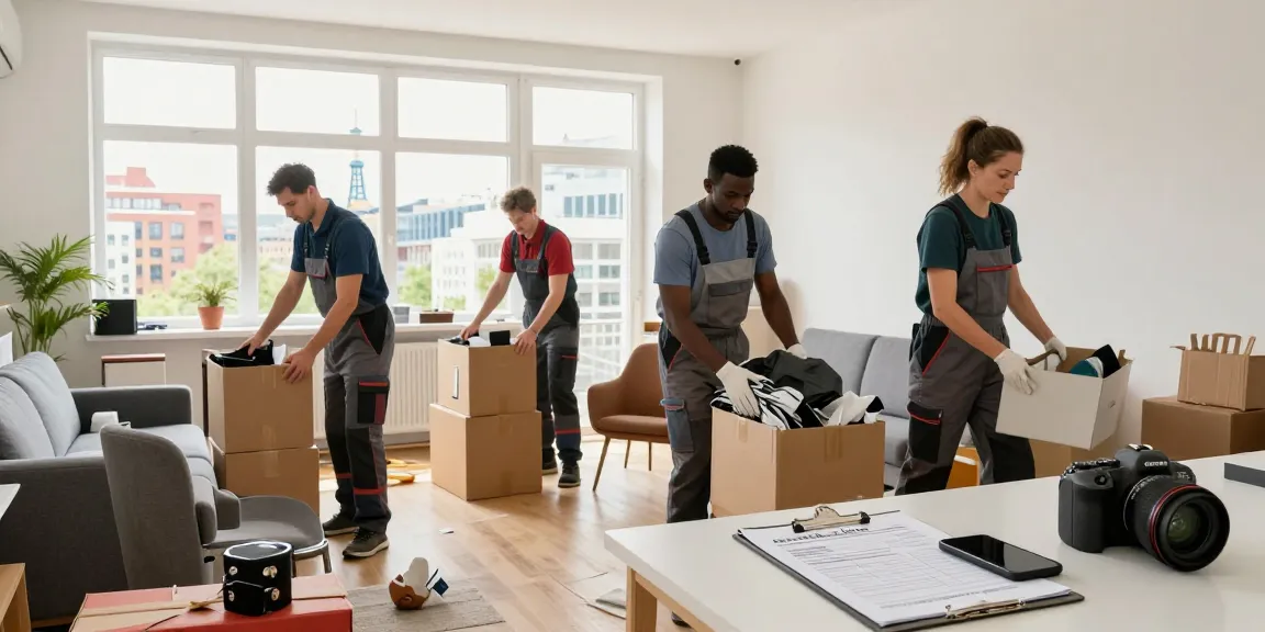 Efficient Wohnungsentrümpelung Berlin service in an urban apartment, team decluttering with natural light.