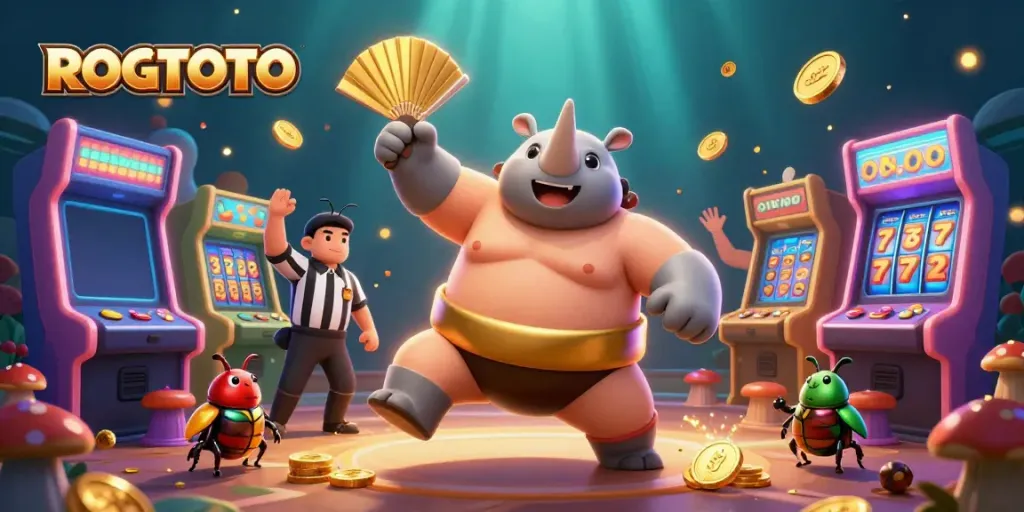 Permainan slot di ROGTOTO menampilkan kejuaraan sumo dan pesawat arcade cerah penuh koin emas.