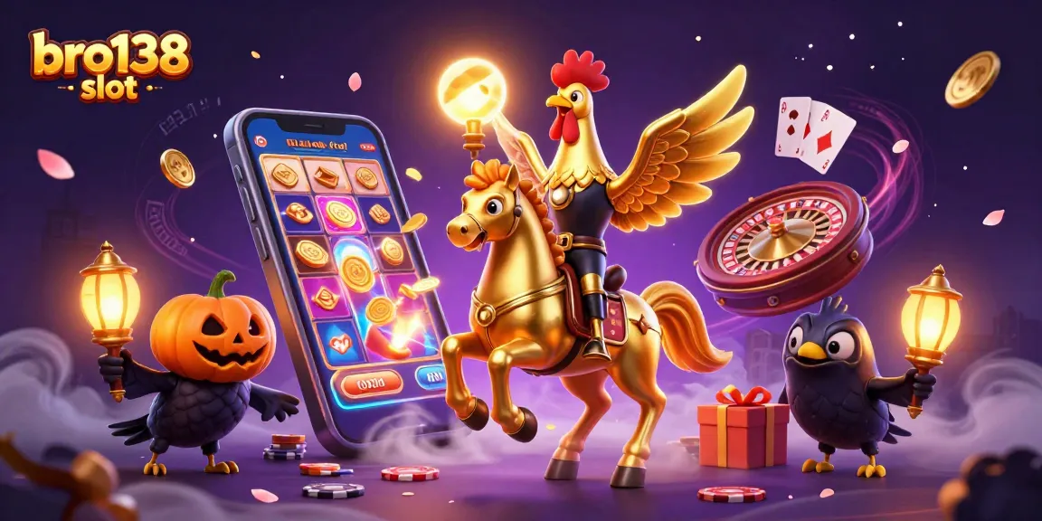 Experience the excitement of bro138 slot with a golden rooster in a dynamic casino scene.