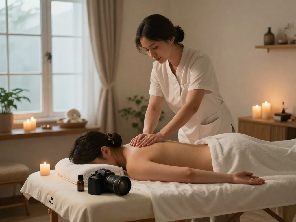 출장안마 session in a soothing home environment with candles and soft lighting.