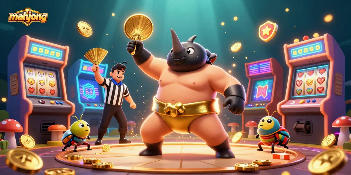 Engage in mahjong excitement with a vibrant 3D scene featuring a sumo beetle champion.