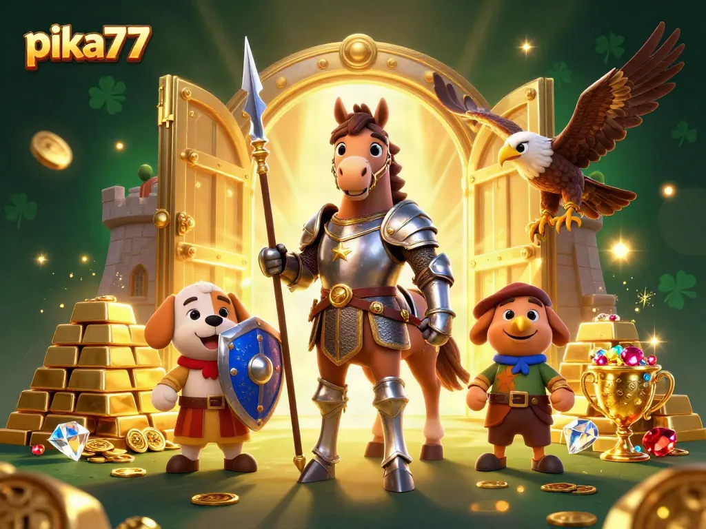Experience the thrill of winning at pika77 with knights surrounded by treasure and casino elements.