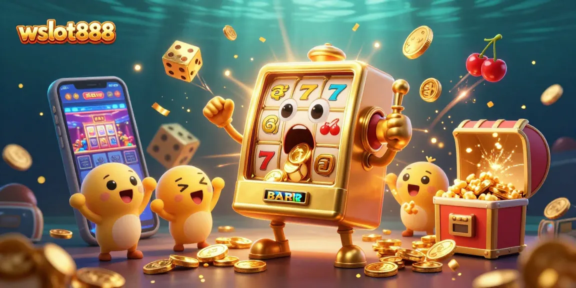 Mesin slot wslot888 memproduksi jackpot dengan banyak koin, dipenuhi karakter dan elemen kasino.