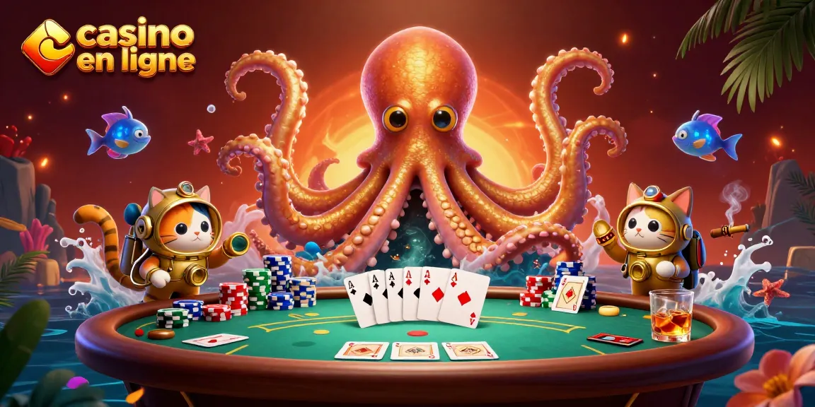 Retrouvez le plaisir du casino en ligne avec un kraken, un chat plongeur et des jetons de poker.