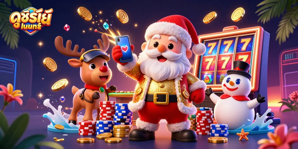 Experience exciting ดูซีรี่ย์ออนไลน์ action with a vibrant casino scene featuring Santa, a reindeer dealer, and a poker chip snowman.