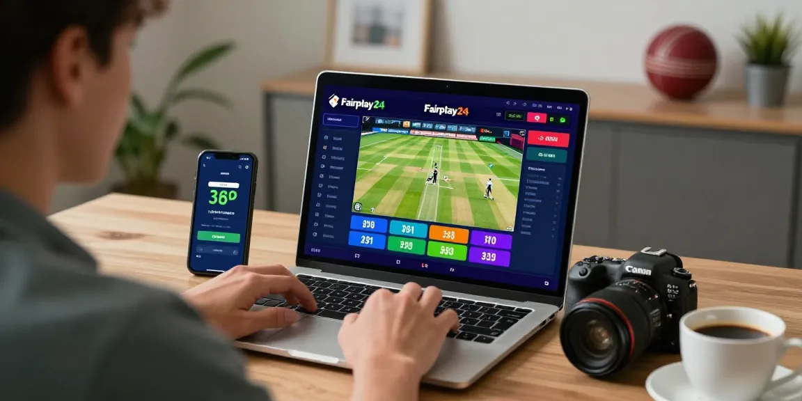 Person engaging with Fairplay24 online betting platform, showcasing live cricket data and betting dashboards in a cozy home office setting.