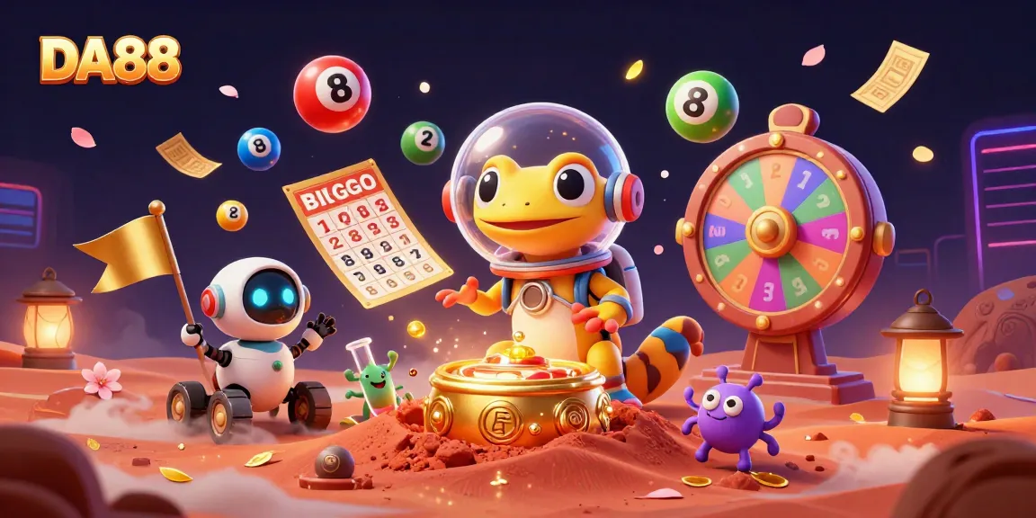 DA88 engaging lottery fun with Martian gecko and cheerful bacteria in a vibrant golden casino.