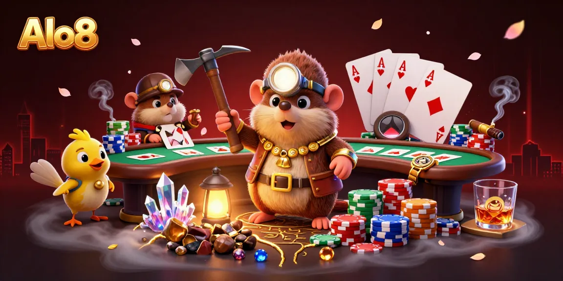 Alo8 captivates with a 3D treasure hunter scene, showcasing vibrant casino elements and dynamic characters.