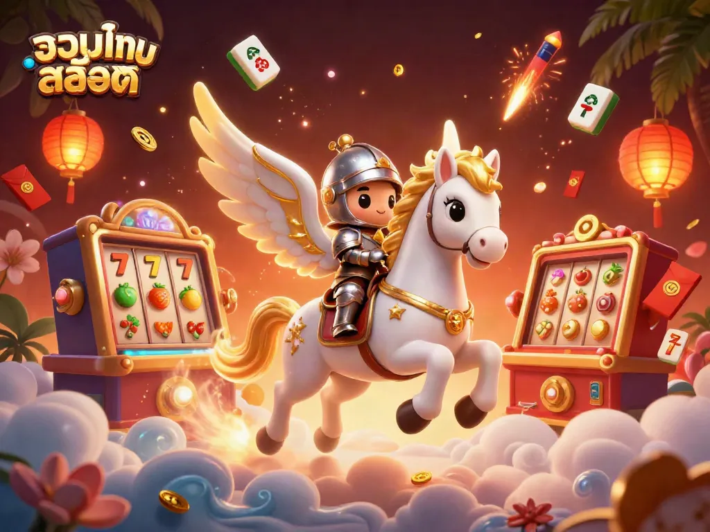 Spin the reels of รวมเกมสล็อต with an enchanting knight riding a celestial horse in a vibrant casino scene.