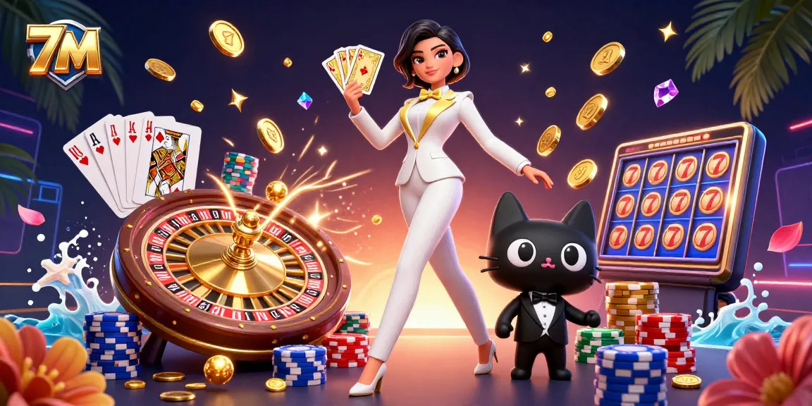 Experience thrilling gameplay with 7M as a glamorous dealer shuffles cards among vivid casino elements.