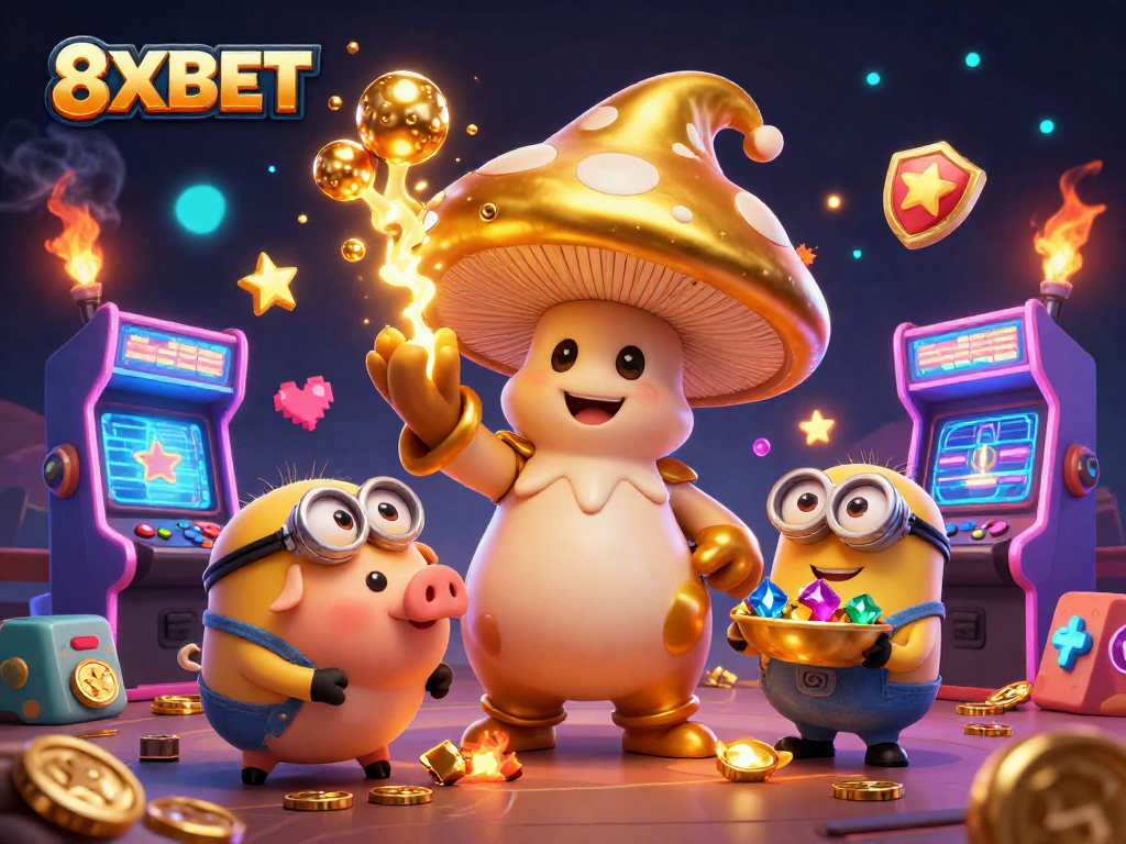 Experience the magic of 8XBET with golden treasures, arcade games, and exciting casino elements.
