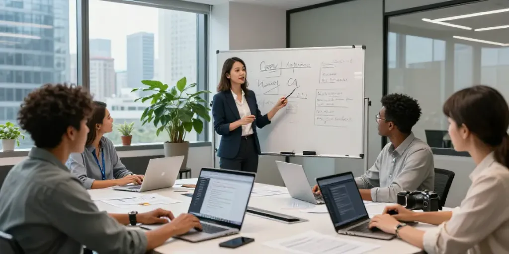 Professionals collaborating on AI copywriting assistant strategies in a modern conference room.