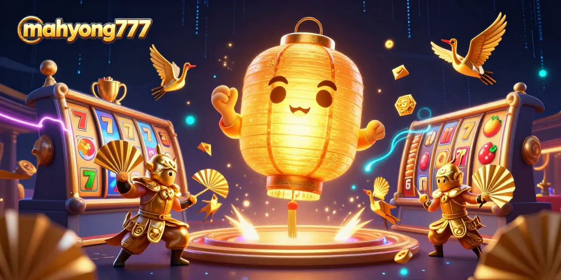 Spin the reels at mahyong777, featuring a glowing lantern spirit and dynamic slot game elements.