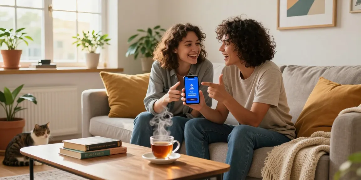Engaging young couple enjoying a free AI sex chat in a cozy living room, showcasing modern technology and companionship.