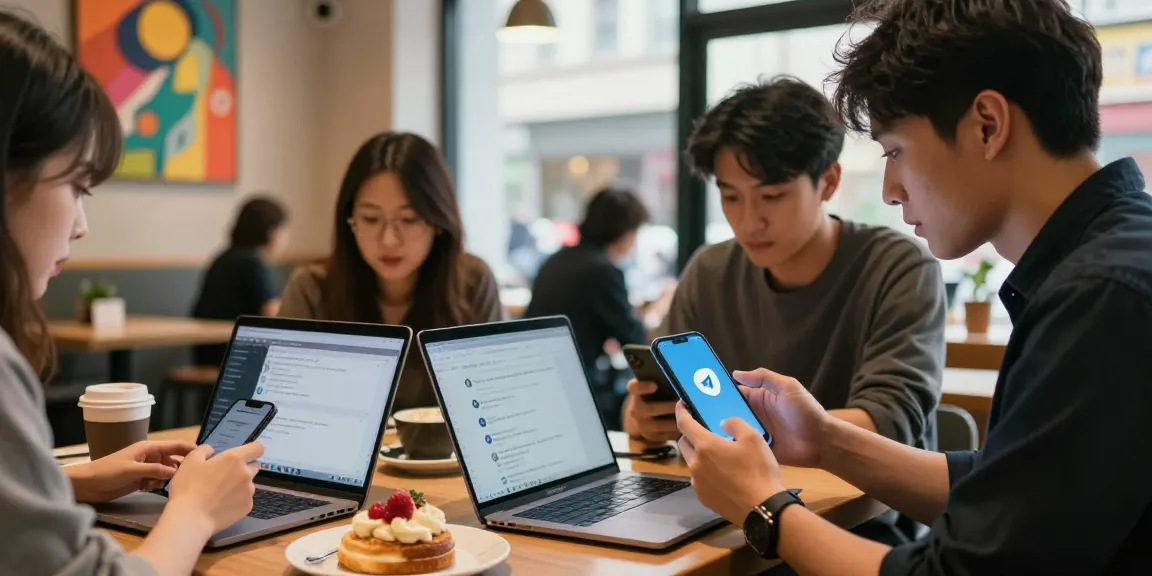 Group discussing telegram china safe use at a café with smartphones and laptops