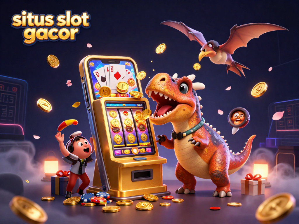 Situs slot gacor features 3D cartoon characters in vibrant casino scene, engaging in a jackpot celebration.
