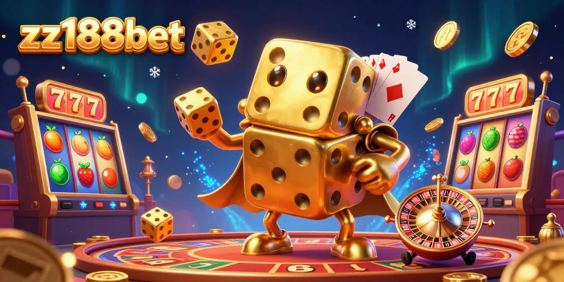 Experience thrilling gaming with the vibrant zz188bet casino illustration featuring golden dice and slot machines.
