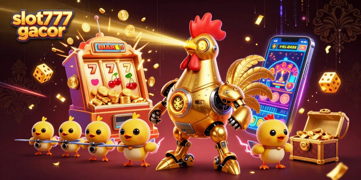 Slot777 gacor menampilkan robot ayam emas futuristik dalam ilustrasi kasino yang menarik.