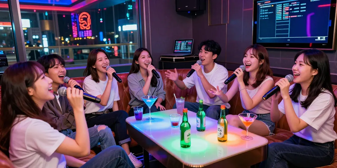 Friends singing joyfully at 강남가라오케, vibrant atmosphere with cocktails and LED lights.