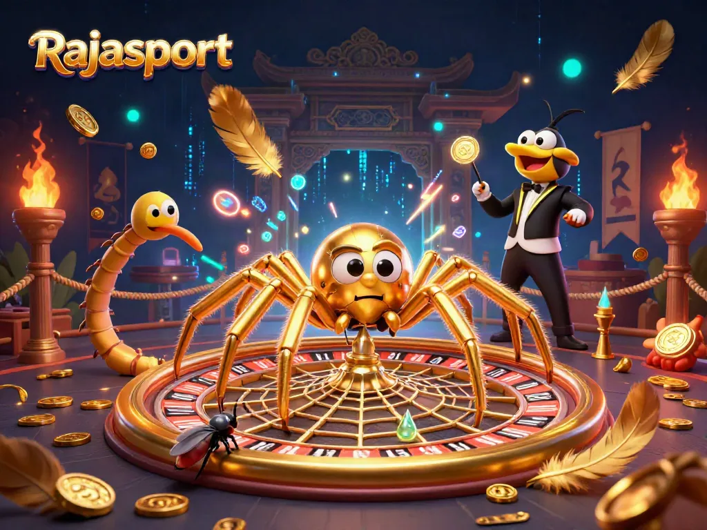 Taruhan di Rajasport dalam ilustrasi 3D seru dengan laba-laba emas dan croupier.