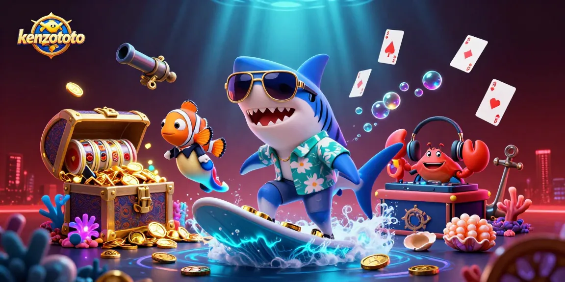 kenzototo showcases a thrill-filled underwater casino scene with a hammerhead shark, seahorse, and DJ crab