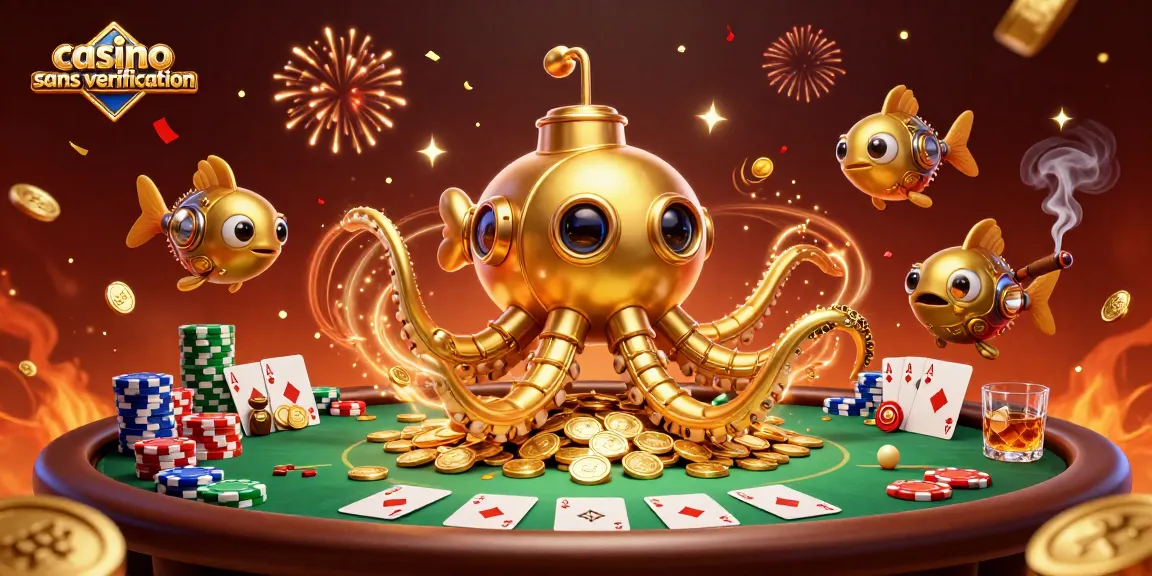 Jouer à des jeux de casino sans vérification avec la créature marine dorée et des jetons de poker.
