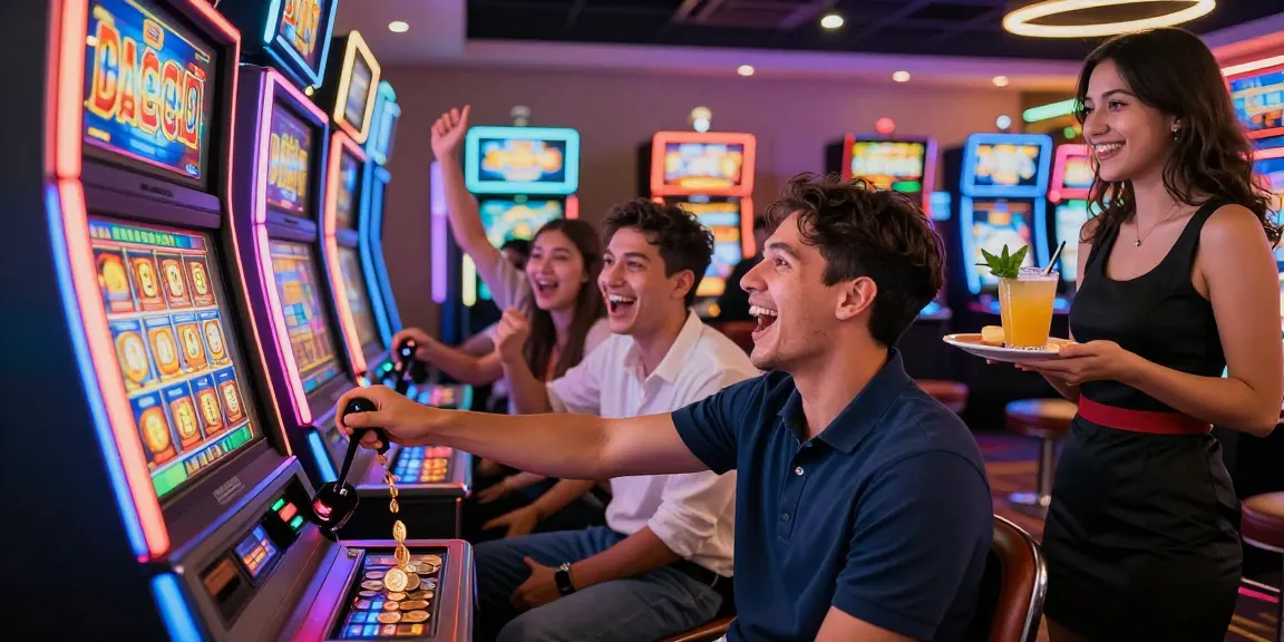 Permainan slot gacor di kasino dengan pemain ceria dan mesin jackpot.
