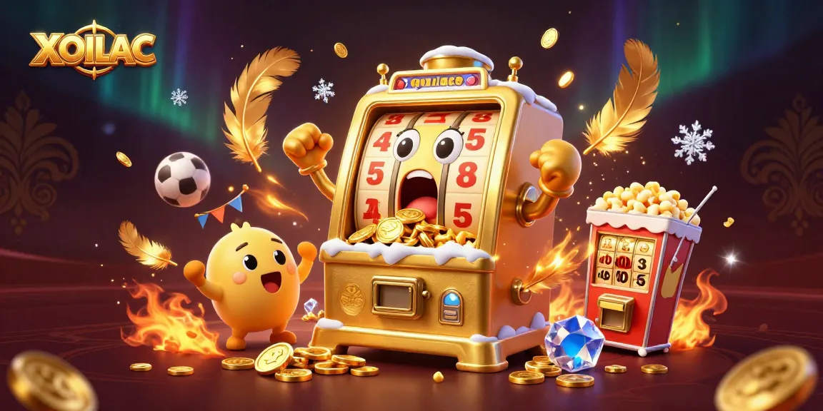 Engage with XOILAC's thrilling sports betting experience as golden coins cascade from a cartoon slot machine.