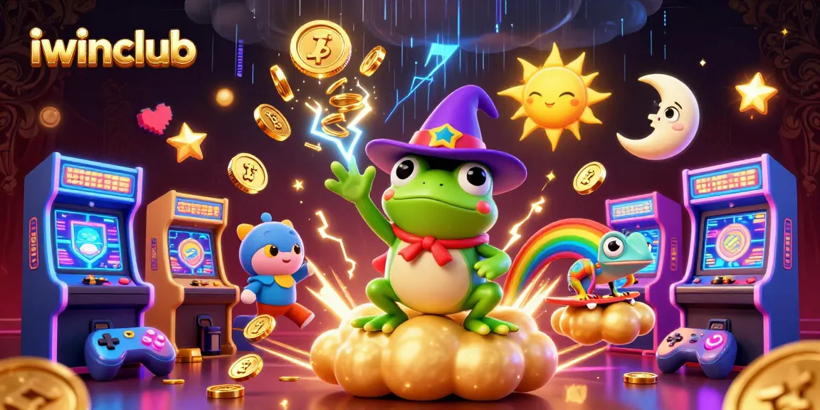 Win big at iwinclub with 3D wizard frog and chameleon surfing on coins in a vibrant casino scene.