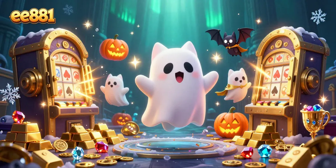 Play at ee881 and enjoy a thrilling casino scene with a friendly ghost cat and vampire bat surrounded by shimmering treasures.