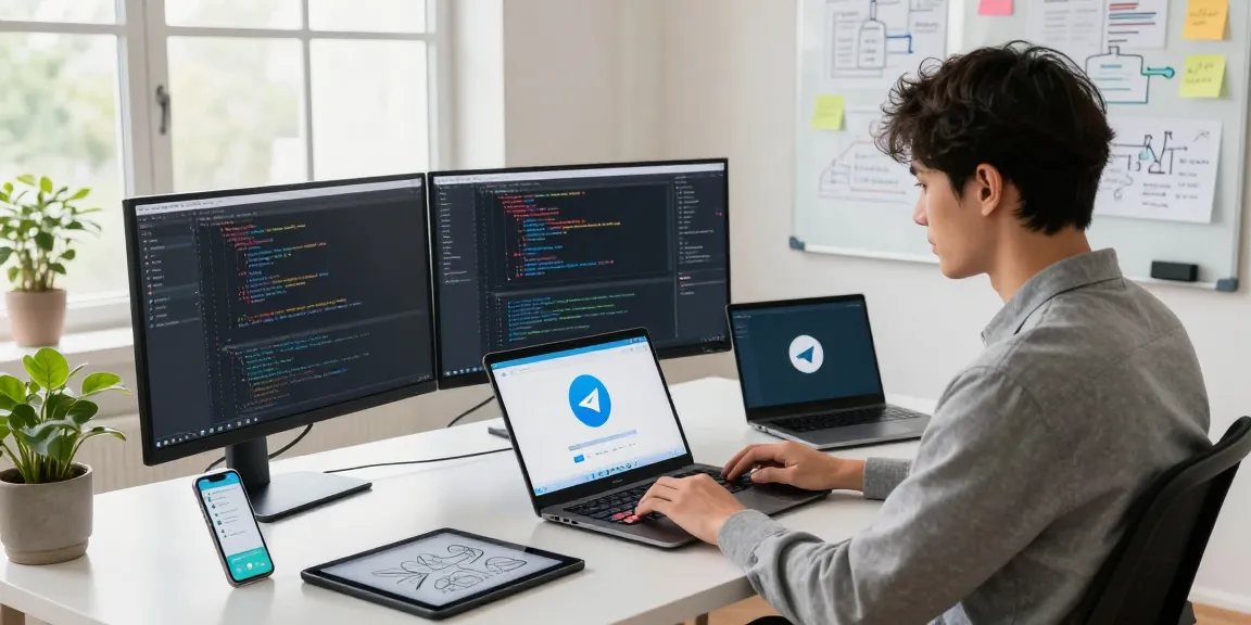 Engaged professional using Telegram in a modern workspace, illustrating the features of 纸飞机中文版 for effective communication.
