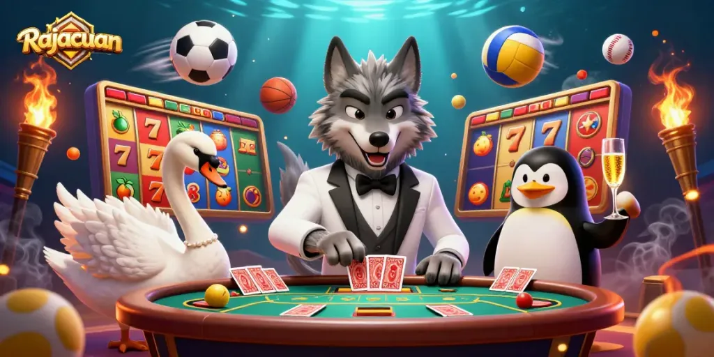 Experience Rajacuan's thrilling slots with a debonair wolf and an elegant swan in a vibrant casino scene.