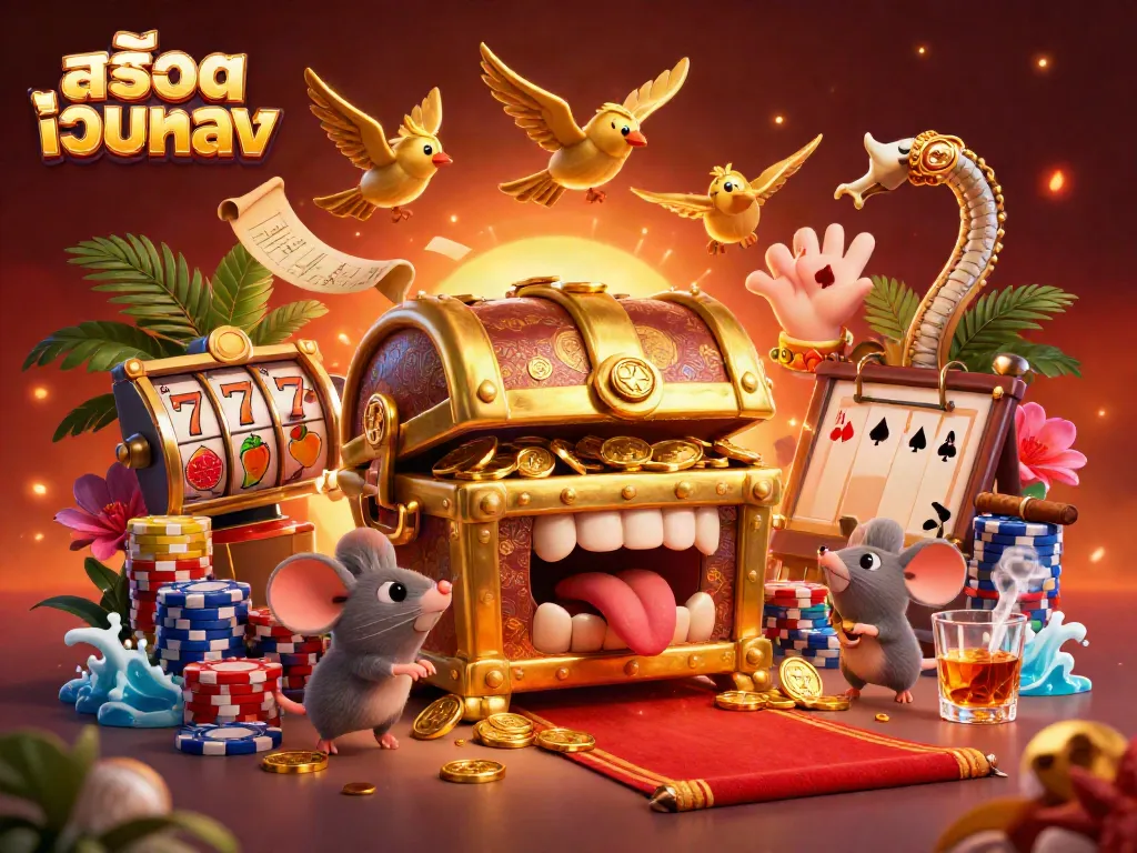 Engaging scene of สล็อตเว็บตรง featuring adventurous mice drawn to the golden treasure chest with colorful slots and poker elements.