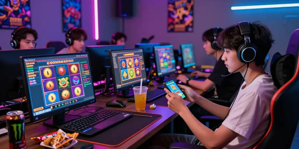 Engaging players exploring slot gacor hari ini in a vibrant online gaming environment with multiple devices and colorful interfaces.