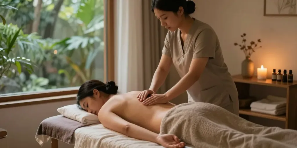 일산출장마사지 session in a tranquil home setting with calming decor.