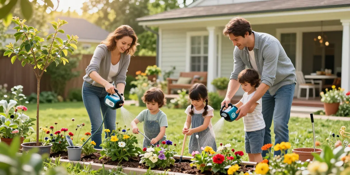 Family enjoying their garden while using the rainpoint sprinkler timer for easy watering.