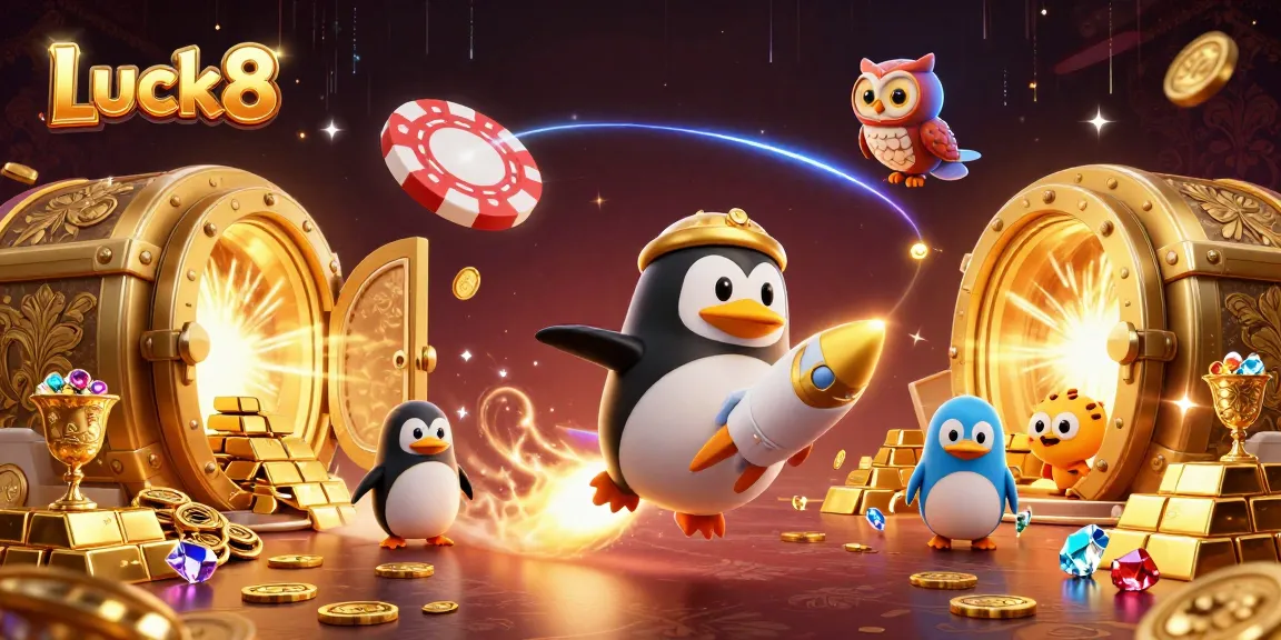 Experience the thrill of Luck8 with a golden penguin soaring towards casino riches in a vibrant 3D illustration.
