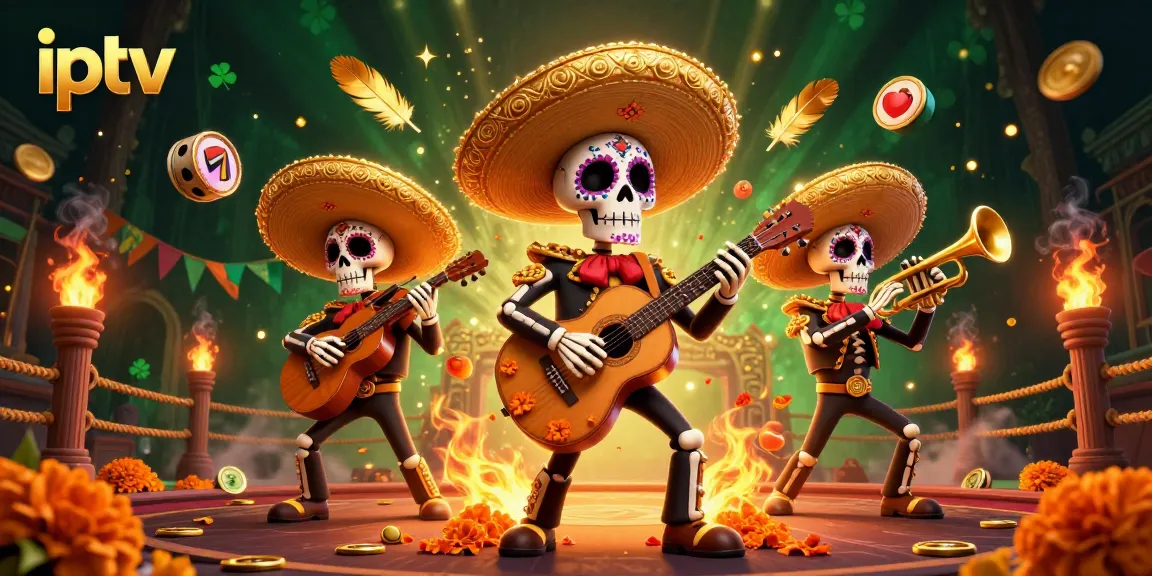 Engage with top-tier iptv entertainment while enjoying an exciting scene with lively mariachis and slot reels.