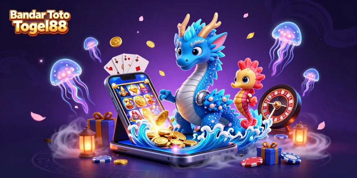 Engage with Bandar Toto Togel88's vibrant casino world through a dynamic illustration featuring unique gaming characters.