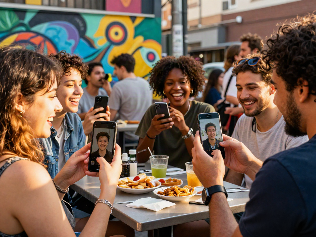 Friends joyfully comparing celebrity look alike results on mobile devices in a vibrant urban setting.