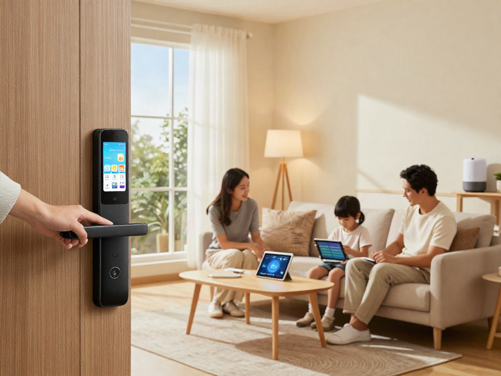 خرید قفل هوشمند made easy with family interacting with smart lock in a modern living room