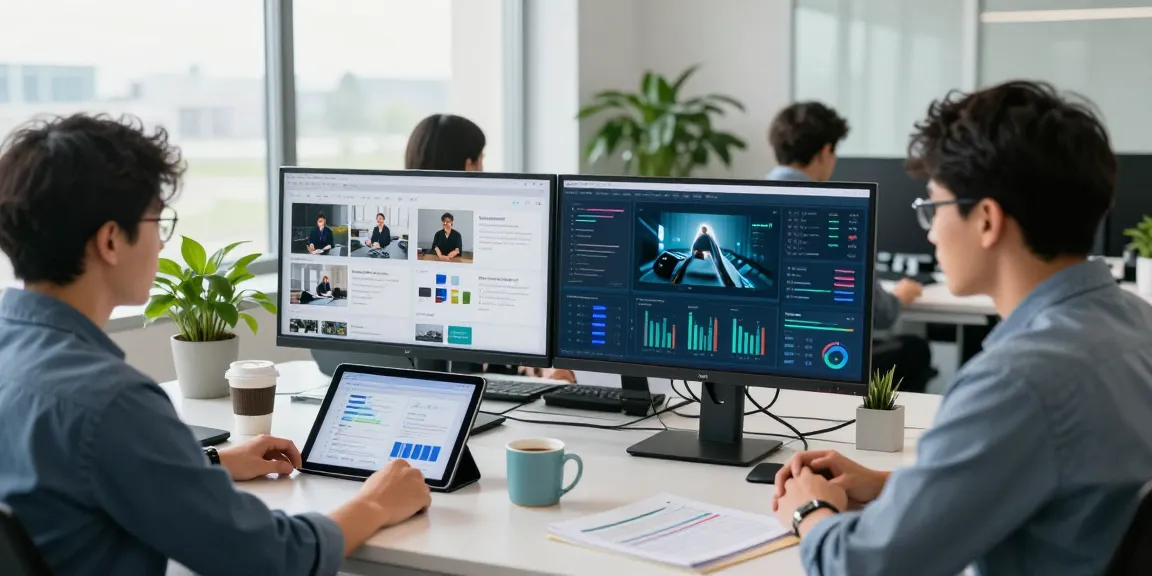 Team analyzing data to detect AI images, showcasing advanced AI technology in a modern workspace.