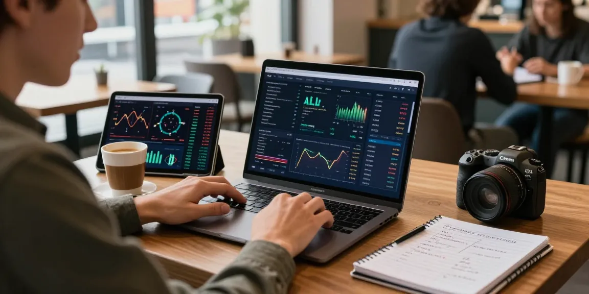Cricbet99 user analyzing cryptocurrency market in a modern coffee shop.