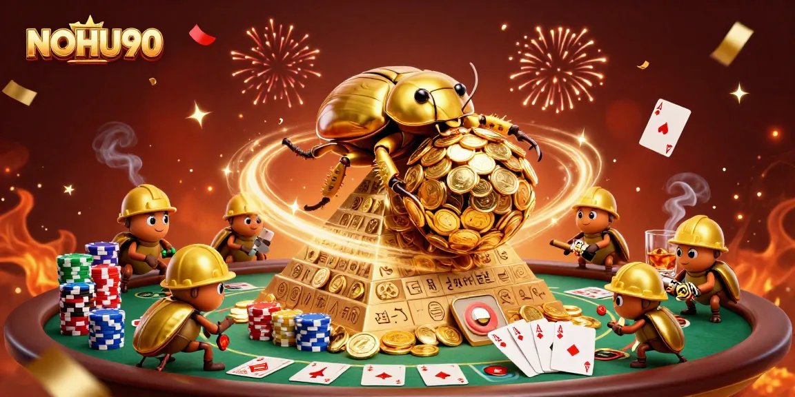 Join the excitement with NOHU90 as golden beetles roll coins in this dynamic casino scene.