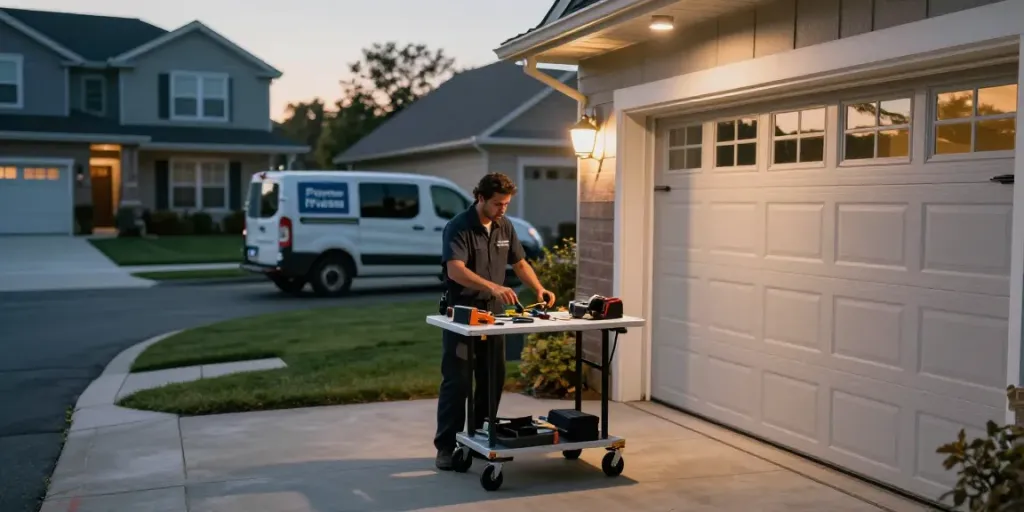 After hours garage door repair by a technician in a suburban garage setting, working with tools and a van nearby.