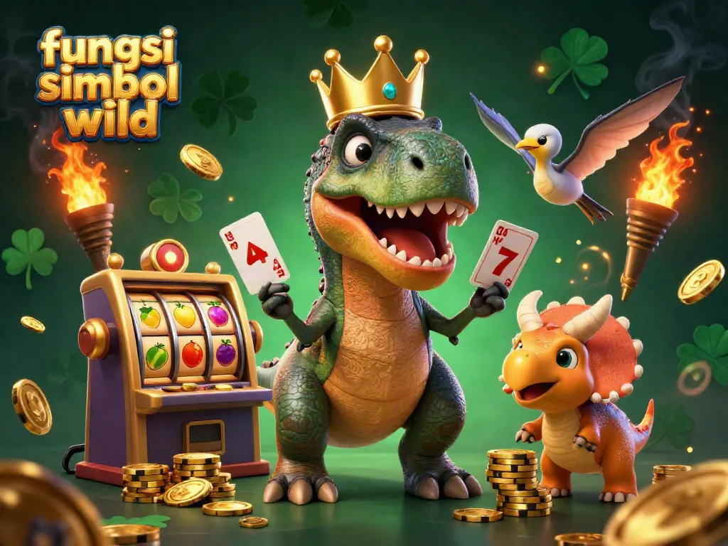 Menggambarkan fungsi simbol wild dalam permainan slot dengan T-Rex dan triceratops.