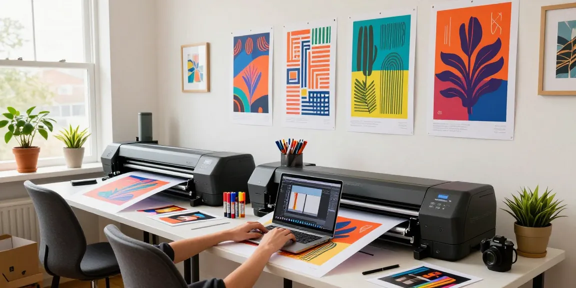 Custom poster printing workspace showcasing vibrant designs and production tools.