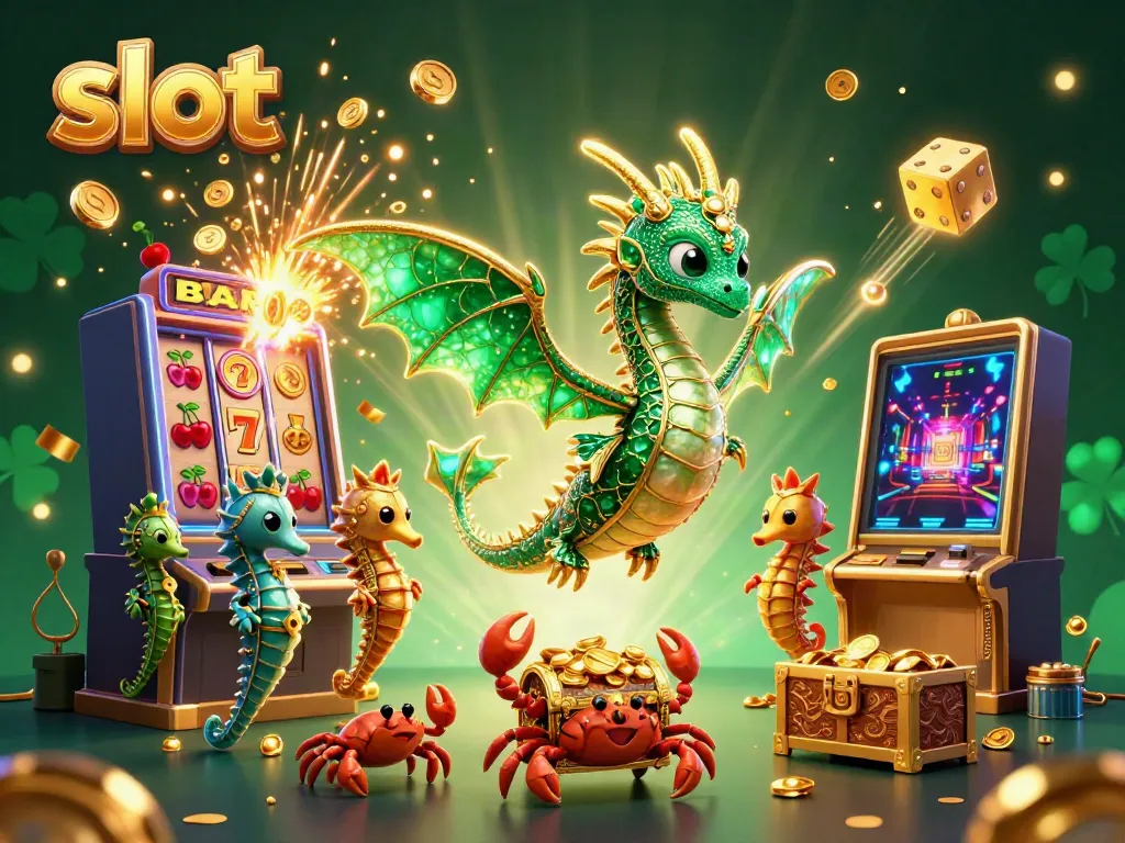 Engage with slot games inside a vibrant 3D casino scene featuring a lucky sea dragon and jackpot explosions.